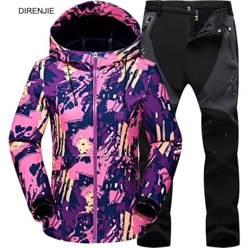DIRENJIE Woman Winter Outdoor Hiking Trekking Fishing Camouflage Keep Warm Waterproof Fleece Hoodie Jacket +Soft Shell Pants set