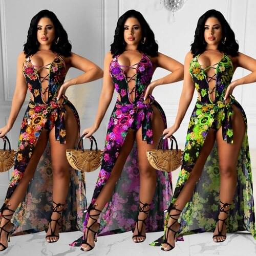 SUJYing New Womens Summer Fashion Printing Sexy V-Neck Mesh Bandage Jumpsuit
