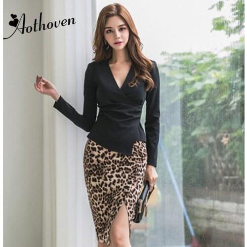 2 Piece Set Set Spring Office V Neck Long Sleeve Elegant Black Top Shirt and Midi Leopard Wrap Skirt Two Piece Sets Work Vestido