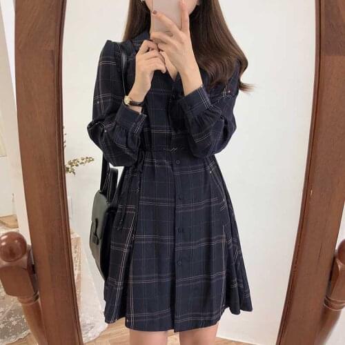Korean Plaid Waist Strappy Long Sleeve Women Dress 2019 Spring New Button Single-breasted A Line Casual Dress for Female