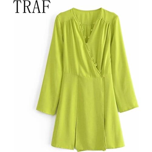 TRAF womens fashion 2021 autumn fashion V-neck temperament goddess style close waist split long sleeve solid color dress women