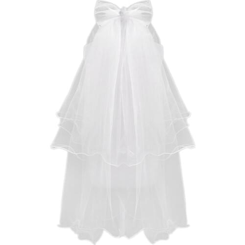 Women Wedding Veil Dress White Bowknot Layers Tulle Ribbon Edge Bridal Veils