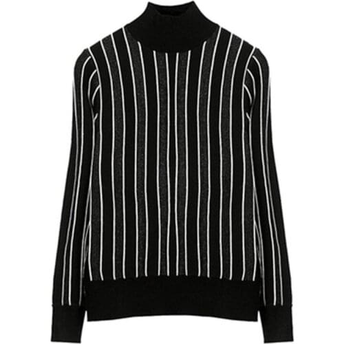 100%hand made wool acrylic blend striped knit women half high neck slim pullover sweater black 2color M-L retail wholesale