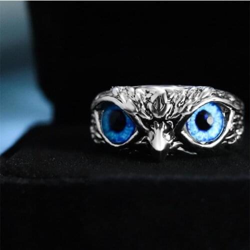 2021 Fashion Trend Silver Colour Owl Ring Retro Punk Animal Blue Eye Rings For Women Male Party Accessories