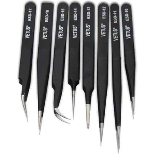 8pcs VETUS BGA Precision ESD stainless steel anti-static tweezers SMD reworking soldering hand tools