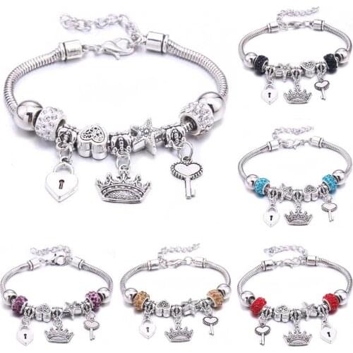 Antique Crown key lock Shape 6-colors crystal Charm Bracelets for Women Glass Beads Brand Bracelet & Bangle DIY Jewelry Gifts