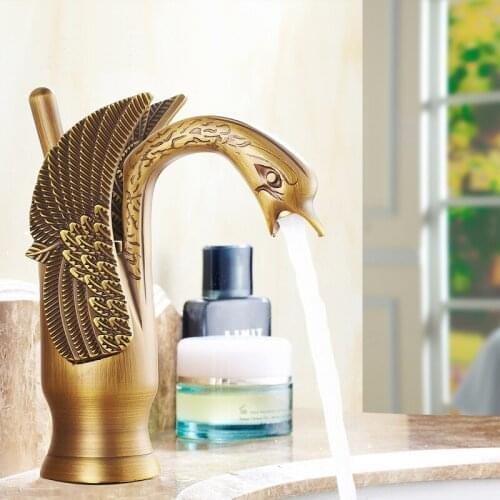 Free Shipping Antique Swan shape bathroom basin faucet hot and cold,European brass sink basin faucet mixer tap vintage Whosale