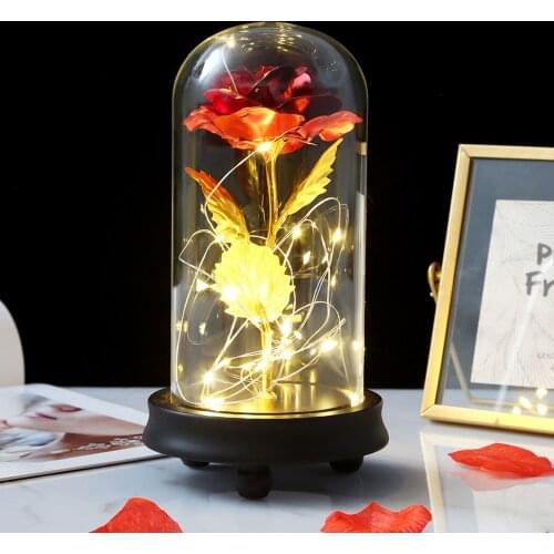 Enternal Rose Flower in Clear Glass Dome Flower LED Lamp Light with Wooden Base 22x11.4cm