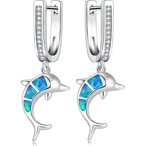 FDLK Cute Dolphin Blue Imitation Fire Opal Earrings Fashion Women Wedding Party Jewelry Birthday Gift Dolphin Earrings