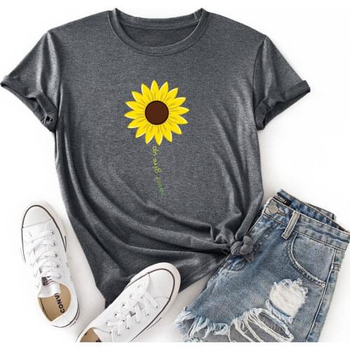 Woman Short Sleeve Colored Graphic Tees Summer T-Shirt Female Tops Shirts for Women Never Give Up Sunflower Plant Flower