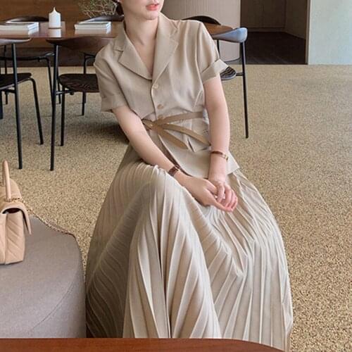 JSXDHK Elegant Summer Notched Collar Long Dress Korean Women Single Breasted Short Sleeve Office Ladies Pleated Dress With Belt