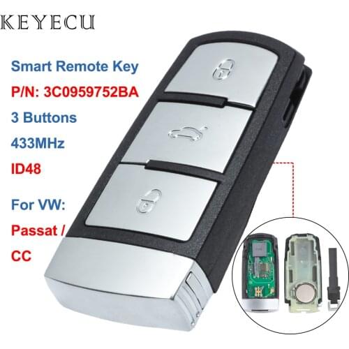 Keyecu 3C0 959 752 BA Remote Car Key Fob 3 Buttons 433MHz CAN ID48 for VW Volkswagen Passat & CC 2005-2010, 3C0959752BA
