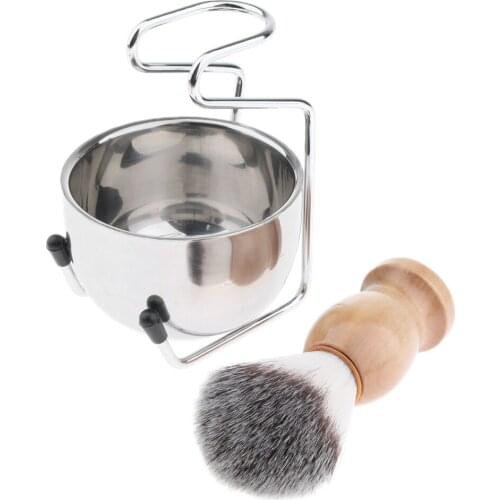 3x Mens Natural Wooden Handle Shaving Grooming Brush + Stainless Steel Bowl Mug