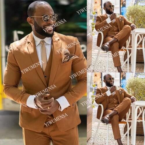 YIWUMENSA Brown Business Mens Suits Formal Blazer Custom Made 3 Pieces Slim Fit Jacket+Vest+Pants Prom Party Dinner Tuxedo 2021