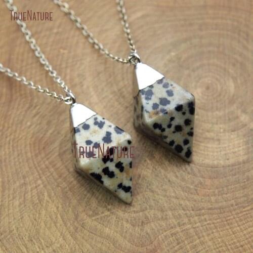 Wholesale Silver Electroplated Link Chains Rhombus Shape Pendant Necklace Dalmatian Jaspers Stone Necklace In 18 inch NM10618
