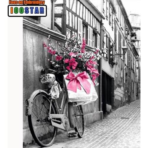 Full square Diamond painting Cross stitch city scenery 3D DIY Diamond embroidery bicycle full round Diamond mosaic red flowers