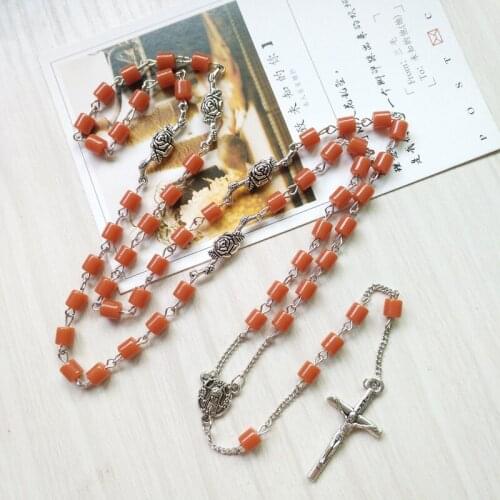 QIGO Religious Jewelry Orange Acrylic Strand Necklace Long Jesus Cross Pendant Rosary Necklace