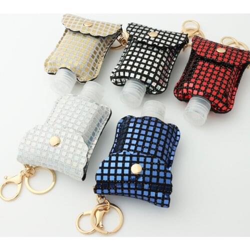 Lattice Leather Sanitizer Holder Keychain Square Travel Bottle Key Chain Red Lip Refillable Container Valentines Gift Wholesale