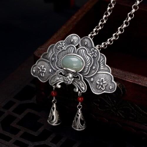 S925 pure silver natural Hetian jade white jade South Red Mosaic peony flower lady sweater chain pendant wholesale
