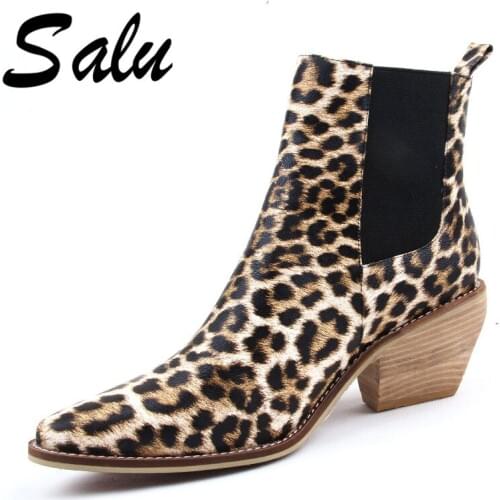 Salu Autumn Women Genuine Leather Chelsea Boots Thick High Heels Ankle Booties Fashion Handmade Ladies Shoes Woman