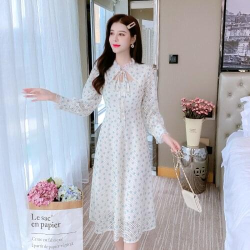 French Hollow Lace Chiffon Floral Cheongsam Improved Lace Bowknot Cute Lace Stand Collar Beaded Hollow Elegant Chic Midi Dress