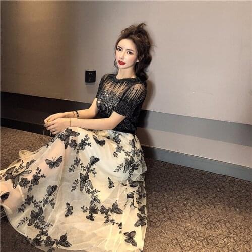 HIGH QUALITY Women T Shirt+Mesh Skirts Suits Knitted Tops Vintage Embroidery Skirt Sets Elegant Woman Two Piece Set
