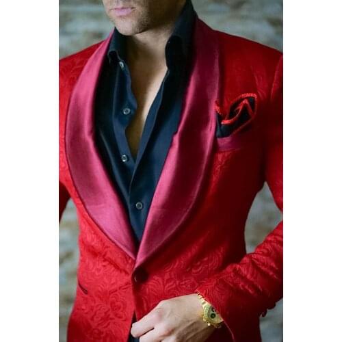 High Quality One Button Red Paisley Groom Tuxedos Shawl Lapel Groomsmen Mens Suits Blazers (Jacket+Pants+Tie) W:731