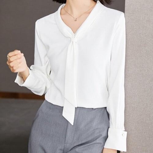 2021 Drape Bow Tie Shirt Women White Blouse Long-sleeve Elegant Chiffon Shirt Female Navy Collar Lady Causal Fashion Top 16210