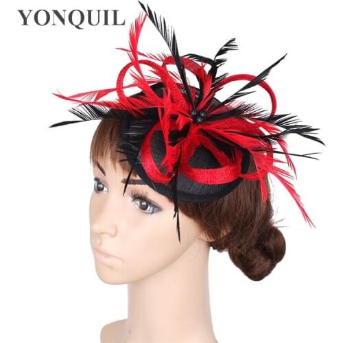 17 Colors Red fancy feather Fascinator Hat Hairpin Fashion Women Fancy Show Cocktail Party sinamy Hair Accessories Wedding Hats