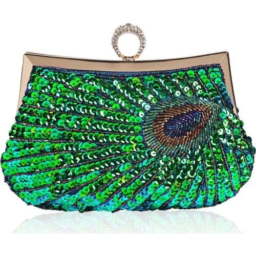 Luxury Vintage Womens Evening Bag Handmade Beaded Bling Sequin Peacock Day Clutches Wedding Bridal Party Prom Handbags Purses