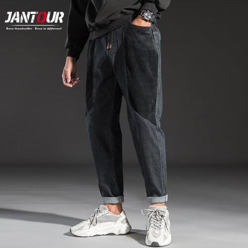 2092- Winter Jeans Men Fashion Letter Appliques Drawstring Harem Pants Casual Regular Long Pants Pantalones De Hombre Man 38