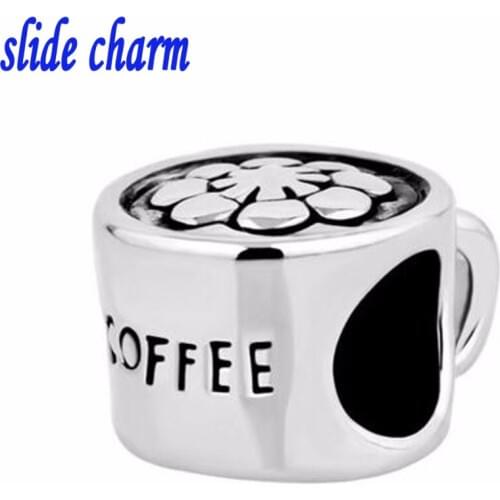 Slide charm Free shipping coffee black and white charm beads fit Pandora bracelet