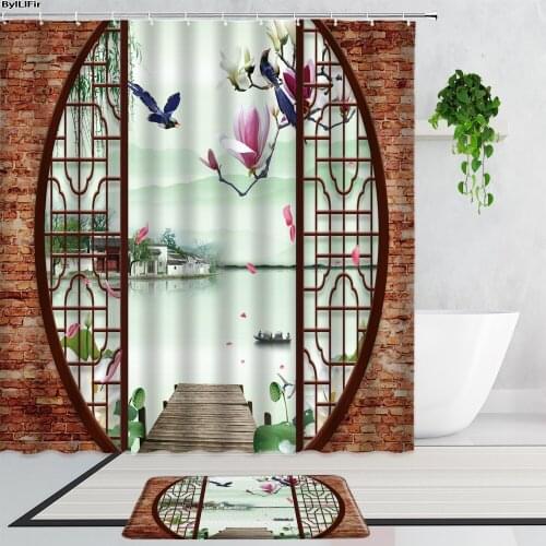 Chinese Retro Screen Shower Curtains Flower Bird Mountain Water Home Decor Background Bathroom Bath Curtain Non-Slip Carpet Mats