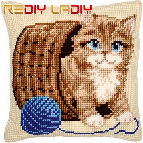 Cross Stitch Cushion Basket Kitten Chunky Yarn Cross-Stitch Kits Needlework Pre-Printed Canvas Pillow Home Decor Arts & Crafts