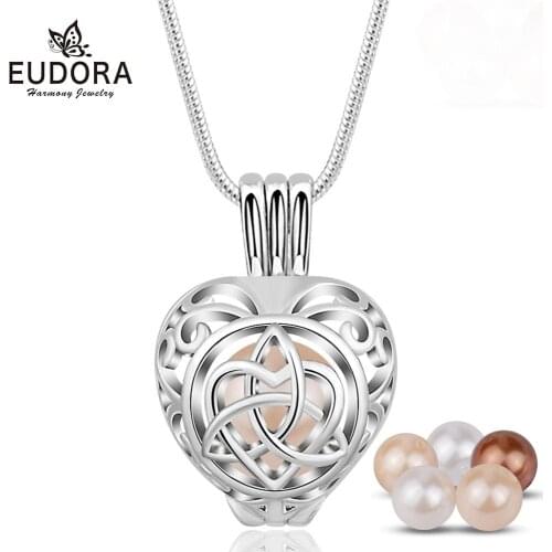 Eudora Simulated Pearl Heart cage Pendant necklace with snake chain Fine jewelry DIY locket Jewelry birthday wedding Gift K281
