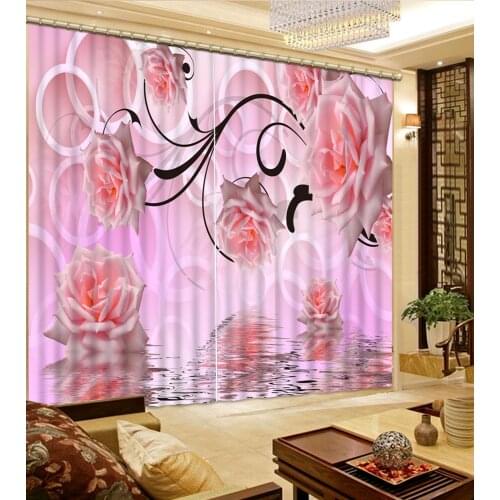 Luxury Blackout 3D Window Curtains pink rose flower curtains for wedding room girls room Polyester Set with Hooks