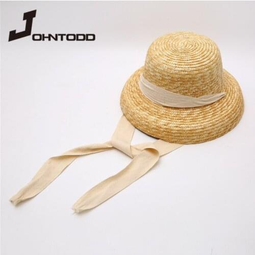 2021 New Summer Women Retro Flat Top Straw Hat with Ribbon Sunscreen Vacation Hat Ladies Outdoors Travel Beach Fashion Sun Hats