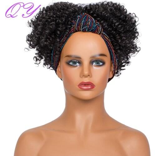 QY Hair Synthetic Headband Wig Natural Black Culry Color Wrap Wig Temperature Fiber Hair For African Woman