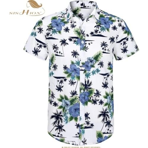 SISHION Cotton Hawaiian Shirt Short Sleeve Coconut Tree Floral Print Summer Beach Casual Men Shirt MS0006 Plus Size Hawaii Shirt