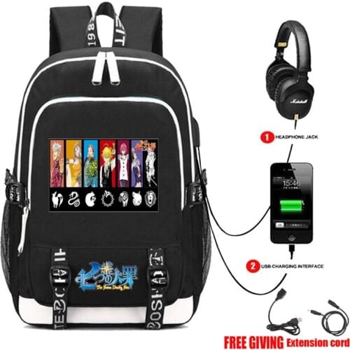 The Seven Deadly Sins Anime Book bag Rucksack Student School Bag For Boys Girls Travel Backpack USB Port Mochila Black Backpack