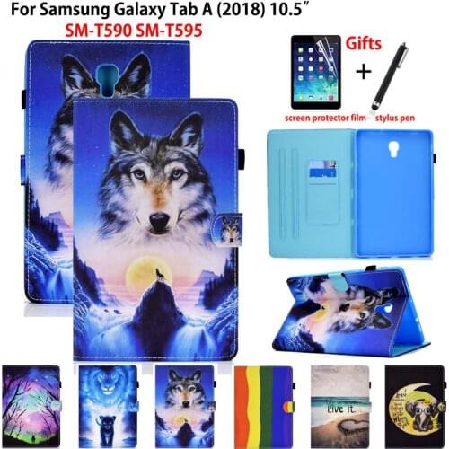 SM-T590 Smart Case For Samsung Galaxy Tab A A2 2018 10.5 T590 T595 T597 SM-T595 Cover Funda Cartoon Lion Wolf Stand Shell +Gift