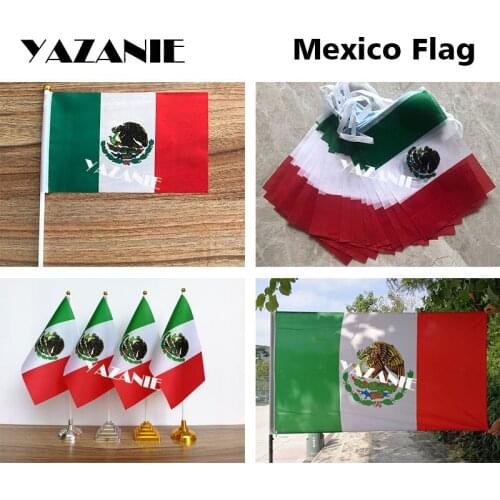 YAZANIE 14*21cm 5pcs Mexico Hand Flags 20pcs Bunting String Flag 4pcs Mexican Table Flag 90*150cm National Country Flags Banners