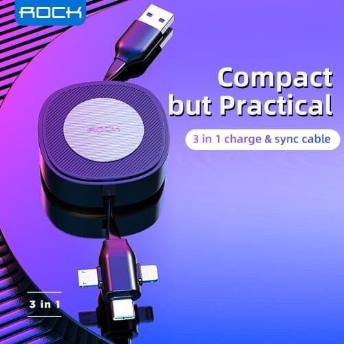 ROCK 3 In 1 USB Charge Cable For iPhone 12 Micro USB Type C Cable Retractable Portable USB Fast Charging Cables Cord For Android