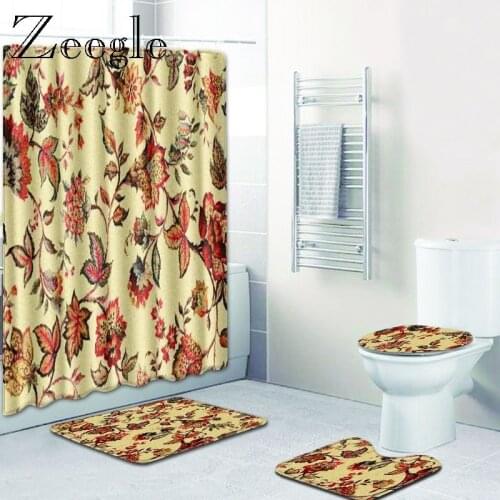 Zeegle Flower Patter Shower Curtain with Bath Mat Set Polyester Toilet Foot Rug Washable Bathroom Floor Mat Anti-slip Doormat