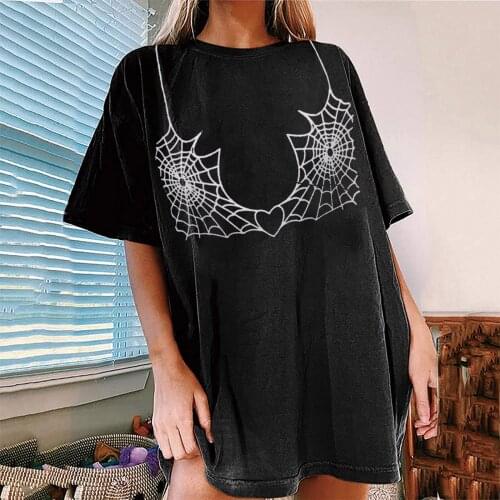 Tshirt Spider Web Print O-neck Tees Creativity Loose Summer T-shirts Women Short Sleeve Oversize Top Hiphop Streetwear Y2k#f3