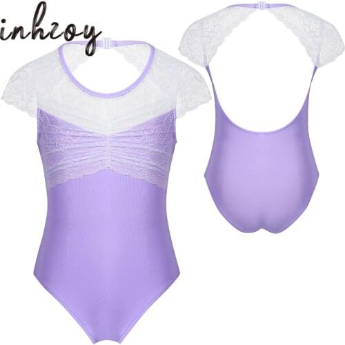 Girls Lace Shoulder Leotard Ballet Dance Gymnastic Active Tank Unitard Bodysuit