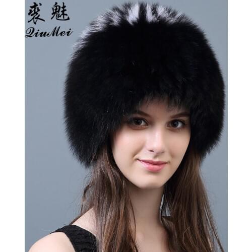QiuMei Women Winter Fur Hat Genuine Fox Fur Hats Knitted Real Silver Fox Fur Caps Female Russian Bomber Caps Thicken Lined
