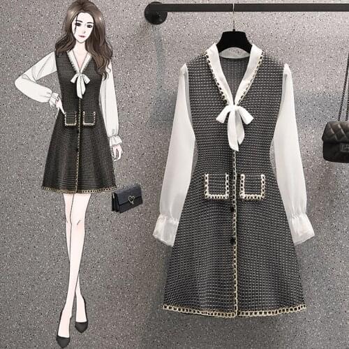 EHQAXIN Womens Stitching Dresses Summer Autumn Chiffon V-Neck Bow Tie Long-Sleeved Button Cardigan Dress Small Fragrance M-4XL