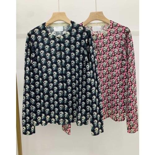 Women Sweater 2021 Autumn and Winter Flower Digital Print Round Neck Wool Knitted Cardigan