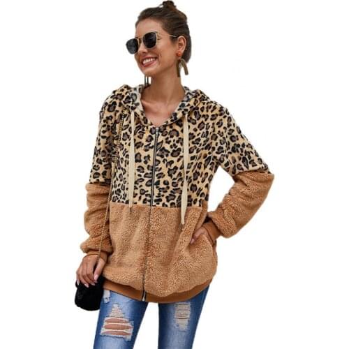 Ele-choices Women Zipper Sweatshirt Leopard Patchwork Hooded Autumn Winter Long Sleeve Two Pockets Warm Hoodie Top for Daily